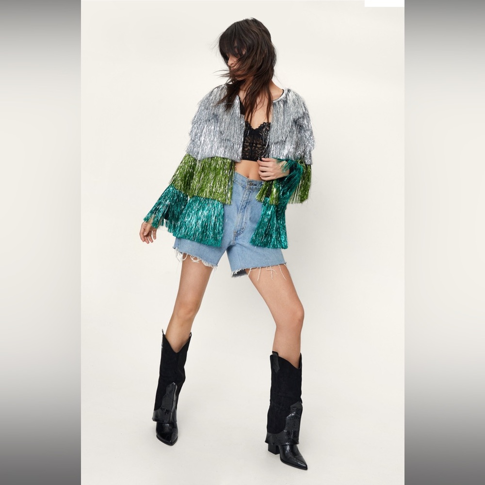 Metallic Tiered Fringe Jacket